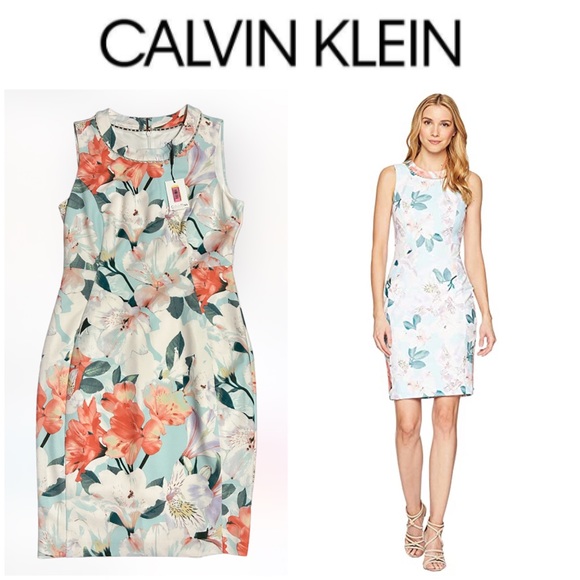 Calvin Klein BEAUTIFUL Printed Sheath w/Pearls At Neck(Seaspray Multi)Dress SZ10 - Picture 1 of 8